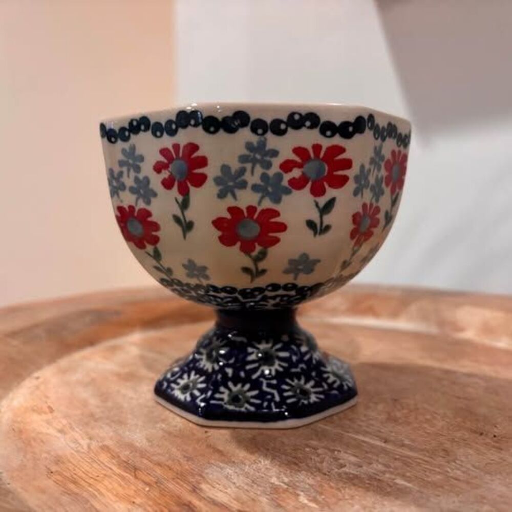Manufaktura Boleslawiec Polish Pottery Footed Dessert Bowl Red Blue Floral